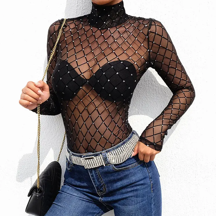 

Women Fashion Sequined Longsleeve Slim Turtleneck Mesh Sexy Plaid Bodysuit