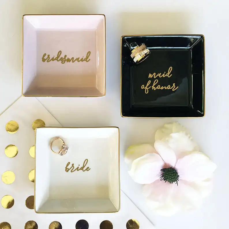 

Bridesmaid Personalized Mother Bride Gift Ceramic Gold Jewelry Ring Dish, White, blue, black