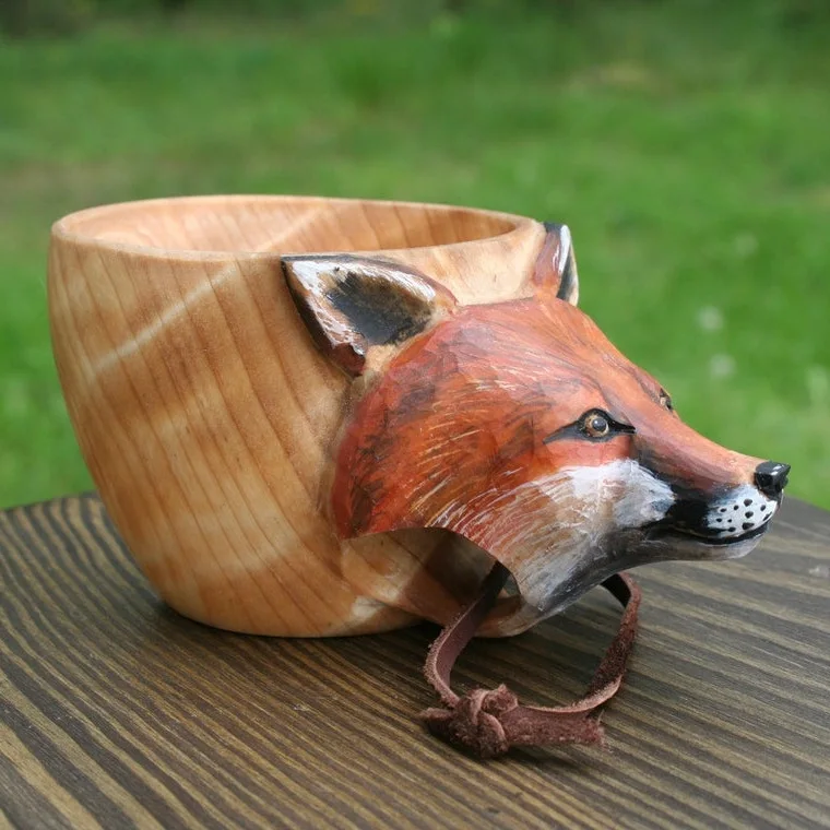 

DD151 Nordic Wood Decor Cup Desktop Rubber Drinking Water Bottle Handle Carved Animal Wooden Mug, Natural
