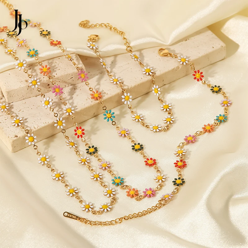 

JOJO Fashion 2023 summer colorful daisy necklace bracelet titanium steel dainty 18k gold plated necklace jewelry set for woman