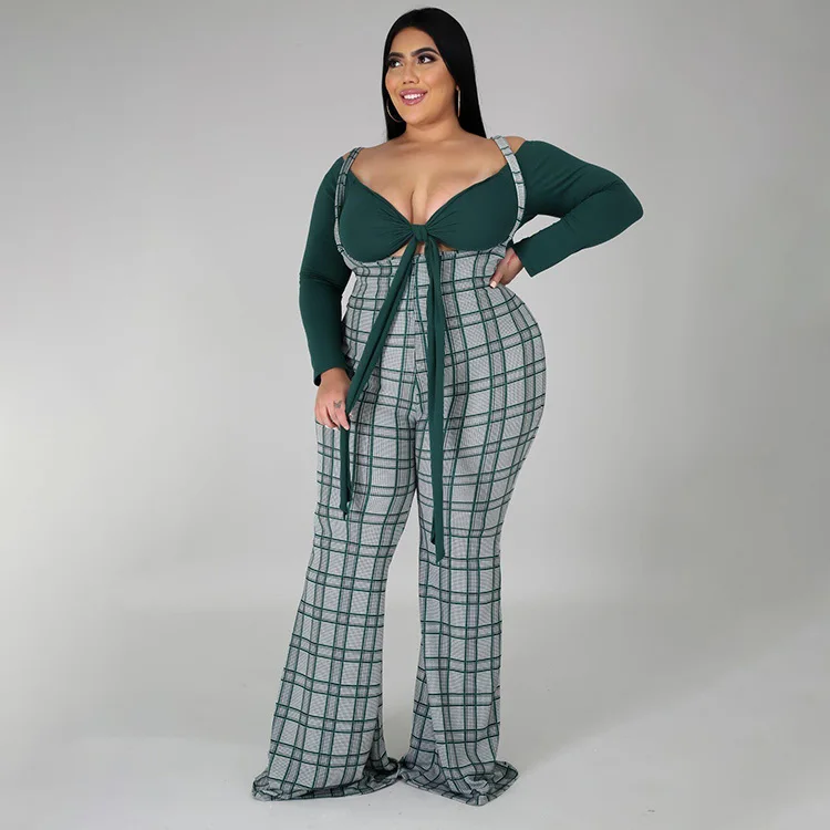 

Casual Solid Color Plaid 2 Piece Pants Set Women 2020 Fashion Two Piece Fall Outfits For Women Fashion Plus Size Pants Sets -HY, White,deep green