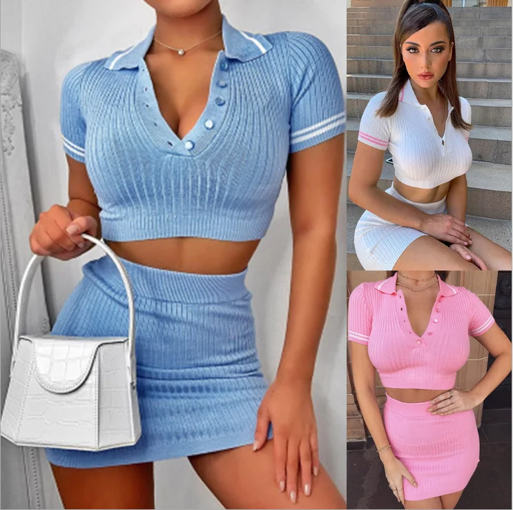 

L AL8862 Short sleeve skirt suit sexy crop top sweater two-piece set girls two piece skirt set 2021, As pictures