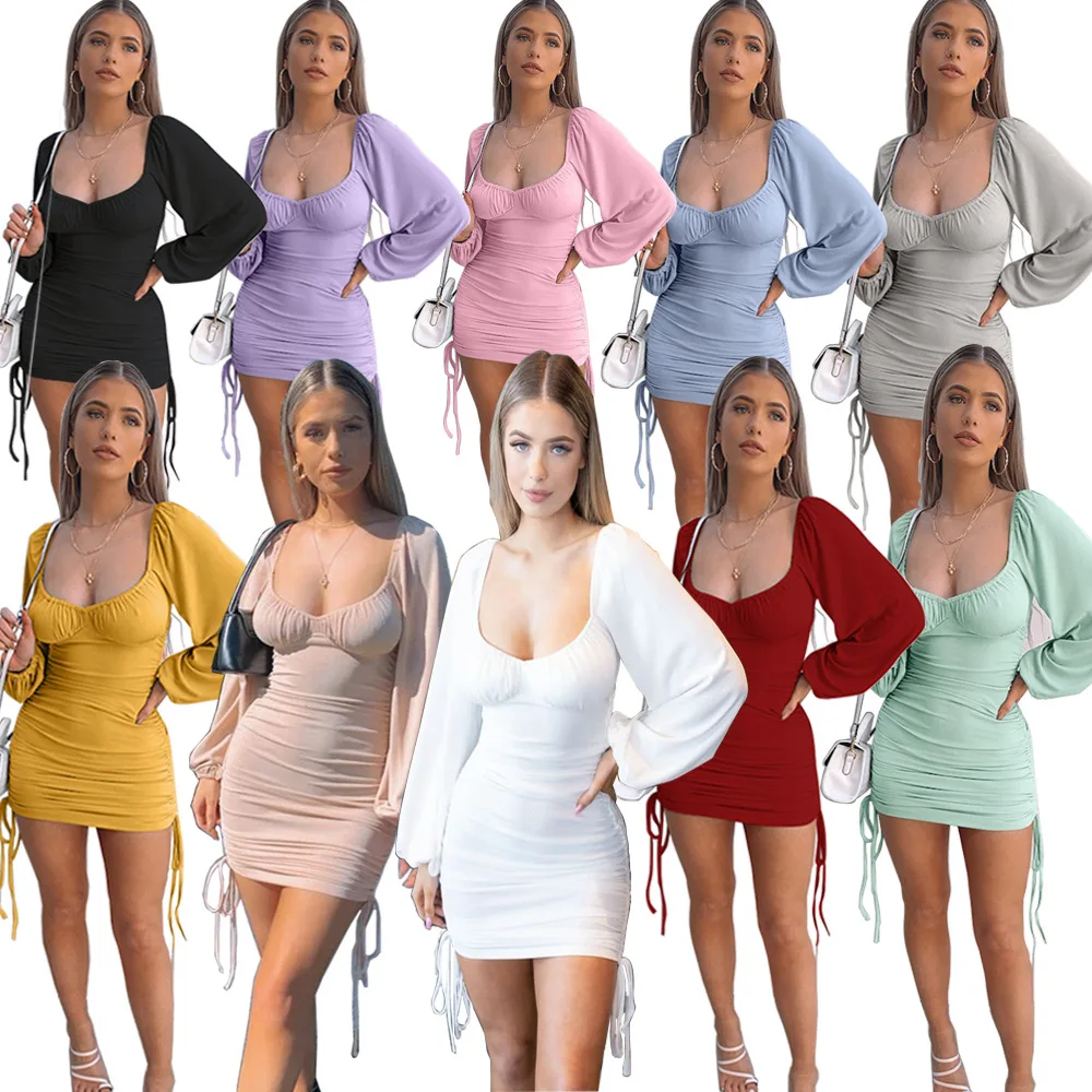 

2021 New Arrival Sexy Slim Drawstring Pleated Long Sleeve Solid Color Dress, Picture color