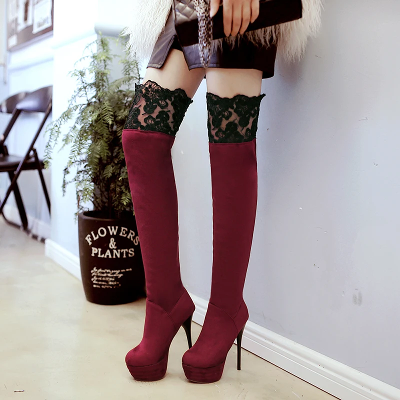 

Big Size 33-43 Over the Knee Boots Women Sexy Lace Waterproof Platform Super High Heel Boots, Black/blue/red