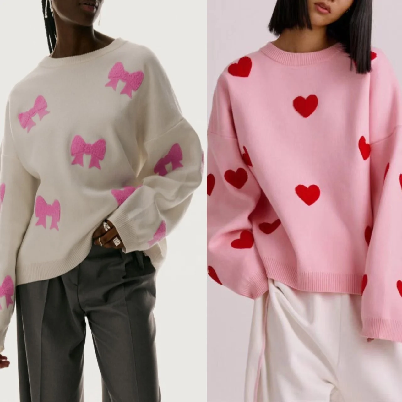 

Oversized Custom Women Sweater Valentine' Day Drop Shoulder Lantern Sleeve Hearts Jacquard Knitted Loose Fit Pullover Sweater