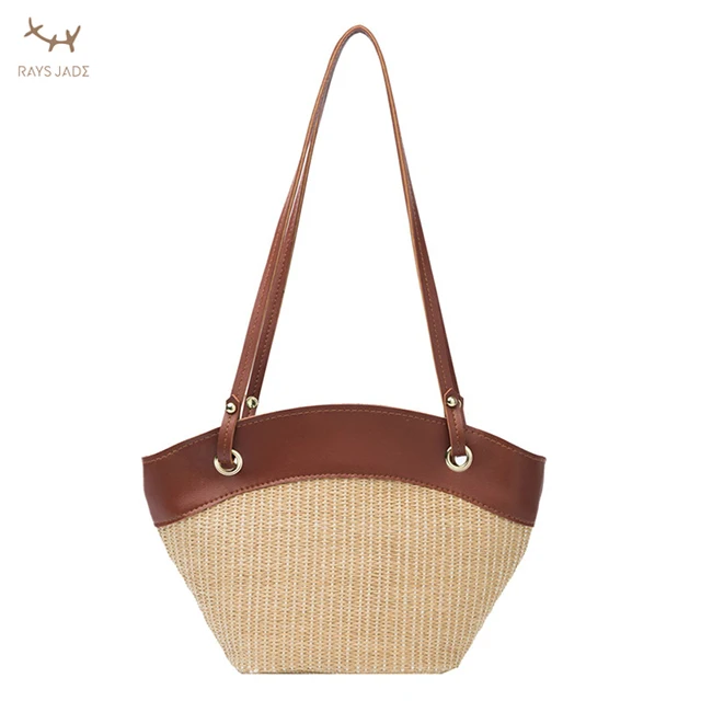 

China luxury colorful tote bag hand made woven beach shoulder bag rattan straw bag with leather handle for women, Customizable