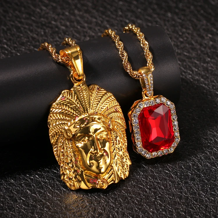

New fashion 18k Gold PlatedI indian Chief and Lab Ruby Pendant Rope Chain necklace Set For Men