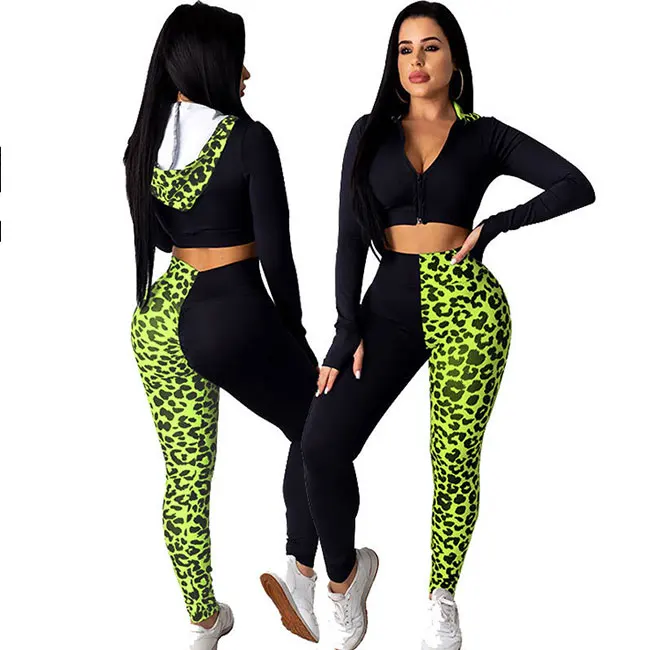 leopard Color Long Sleeve Hooded Sweatshirt Long Pencil Pants Woman Fashion Two Piece Sports Set Women Clothing