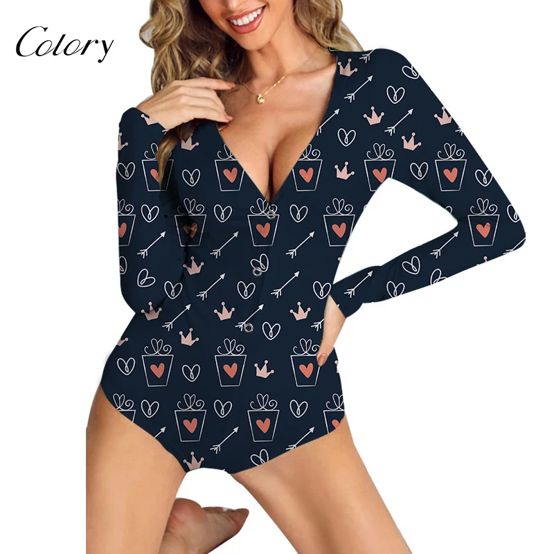 

Colory Adult Onsie Pajama Plus Size Valentines Print Long Sleeve Sexy Onesie, Picture shows