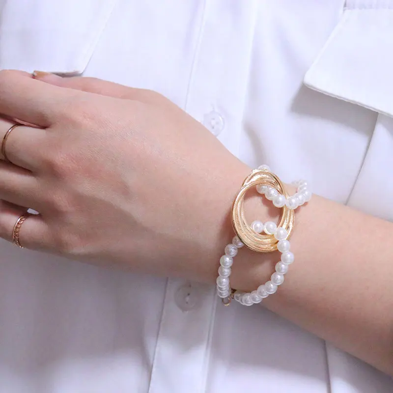 

French Baroque style fashion gold pearl geometric metal women charm bracelets wedding party pearl jewelry ankle bracelets, 1 color