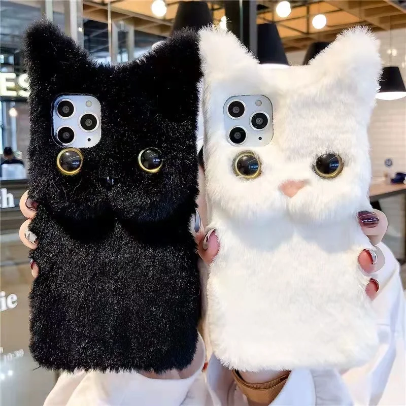 

Stylish Cute Plush Phone Case Warm Winter Cat Furry Cover Soft TPU Shockproof Protective Cover For iPhone 13 12 11 XS XR X, Multi colors