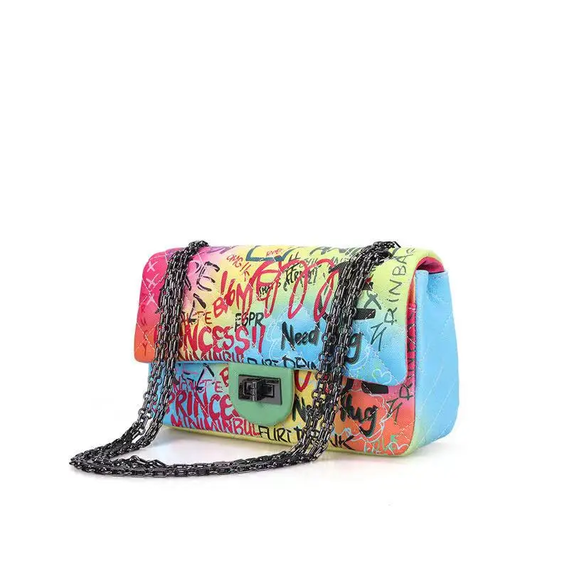 

2021 Fashion Pu Leather Crossbody Bag Women Rainbow Color sling Shoulder Bag Ladies Graffiti Purse Bag, As the picture shown