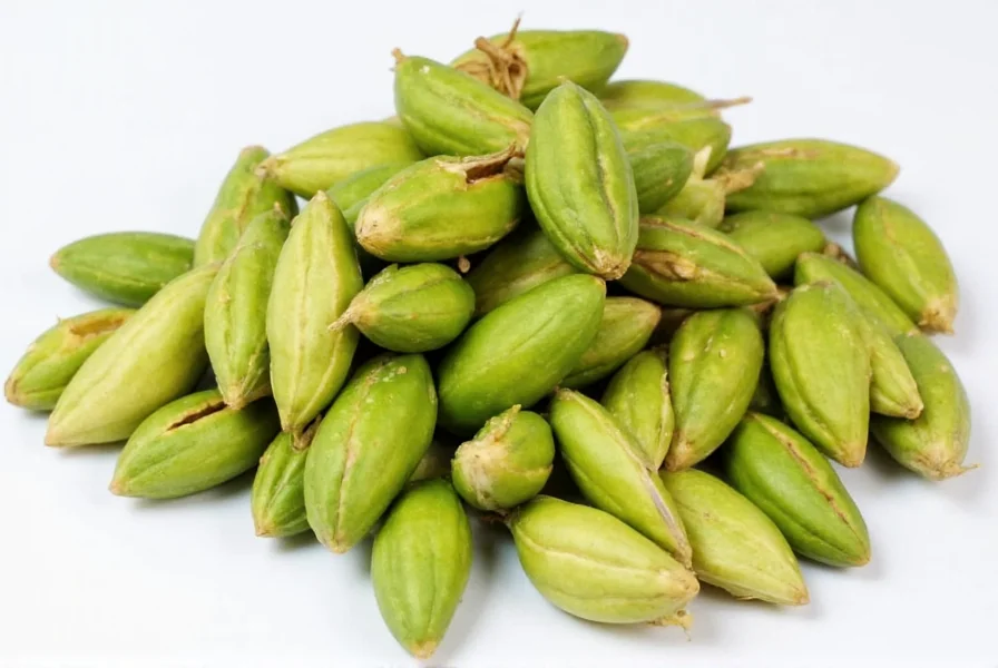 Close-up of a cracked cardamom pod showing exposed seeds