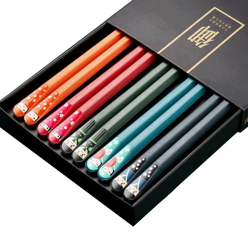 

5 pairs suchi reusable alloy Japanese chopsticks gift set with case, Blue/red/orange/green