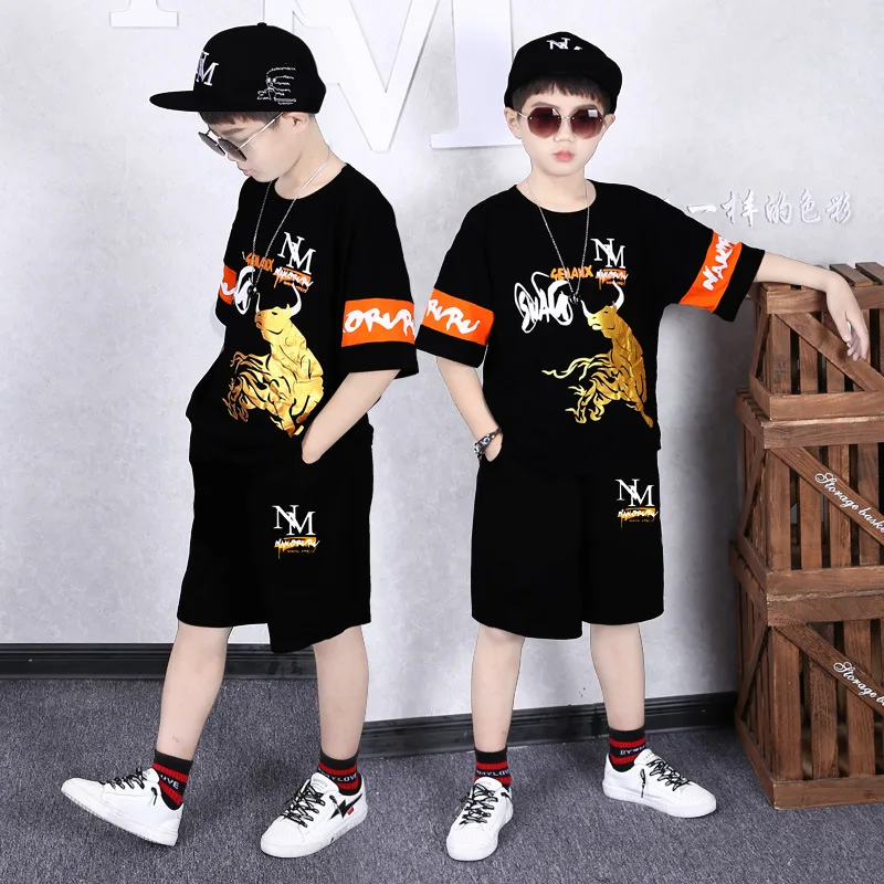 

Logo Custom Children Clothes Sets Boys Cotton Taurus Cartoon Tshirt Denim Shorts 2pcs Suits For Trendy Boys