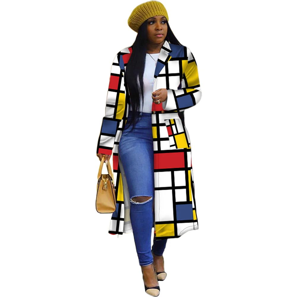 

FLS9519 2020 winter fall stylish high quality women jackets Lattice geometric printing plus size long trench coat women, 4 colors