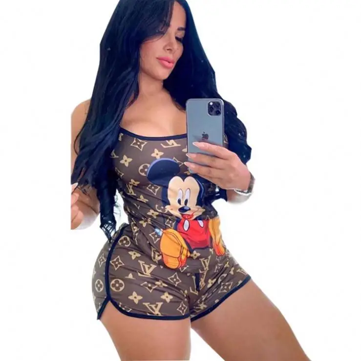 

Summer Women Sexy Mickey Print 2 Piece Outfit Suits Sleeveless Shorts Two Piece Set