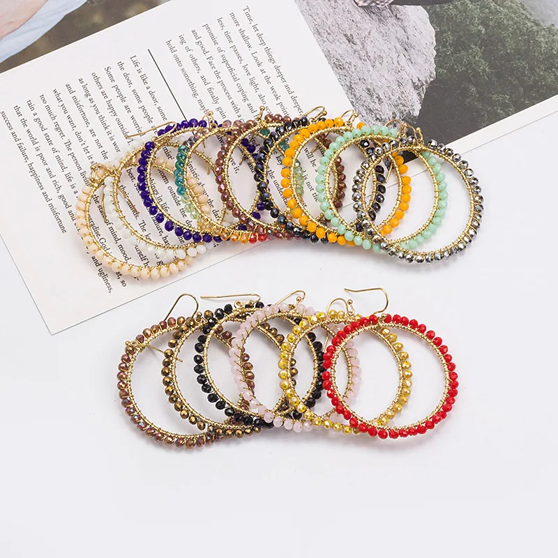 

Fashionable Bohemian National Wind Hit Color Hollow Round Rice Beads Winding Temperament Exaggerated decorative Earrings Female, Gold,silver