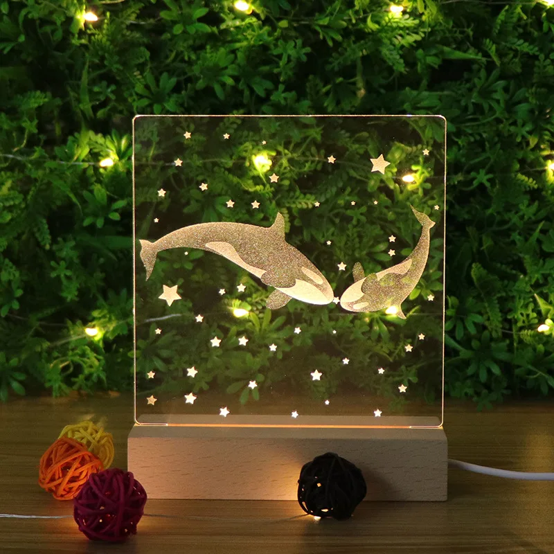 Customization 3D Acrylic Board Visual Night Lamp Solid Wood Base Warm Light,  Wooden 3D LED Illusion Night Light Lamp