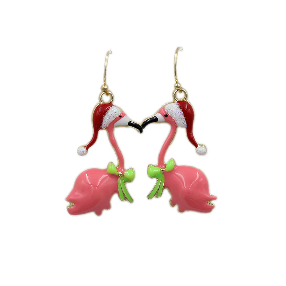 

Newest Super Cute Pink Swan Earrings Gold Plated Christmas Hats Flamingos Stud Earring For Women, Picture