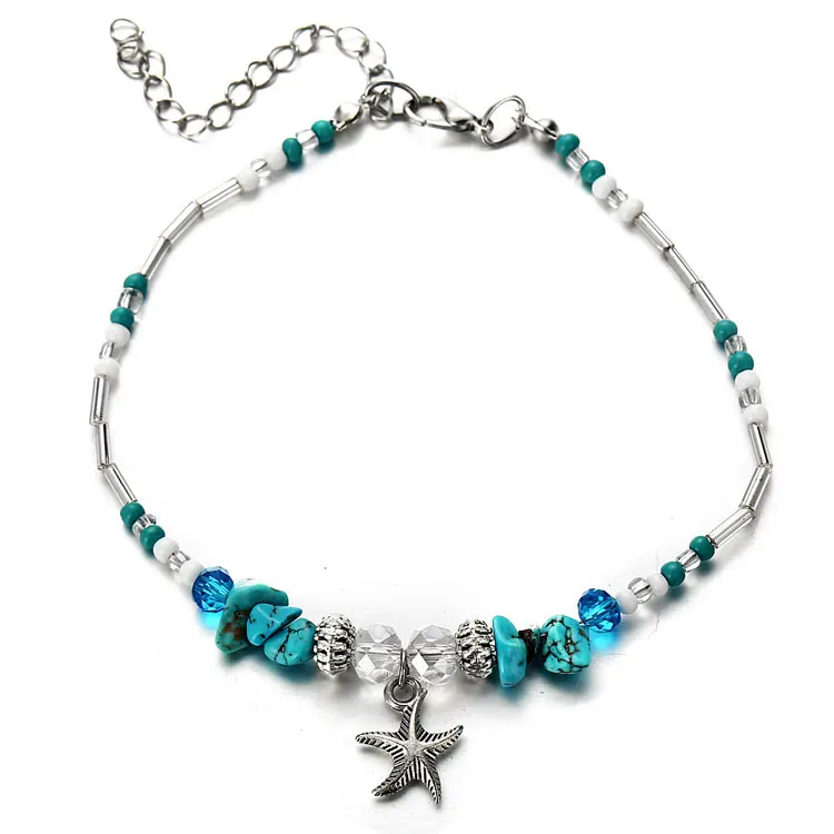 

SC 2021 Women Anklet Bracelet Foot Jewelry Bohemian Beach Vintage Turquoise Rice Beads Starfish Pearl Beaded Anklet with Charms, Blue
