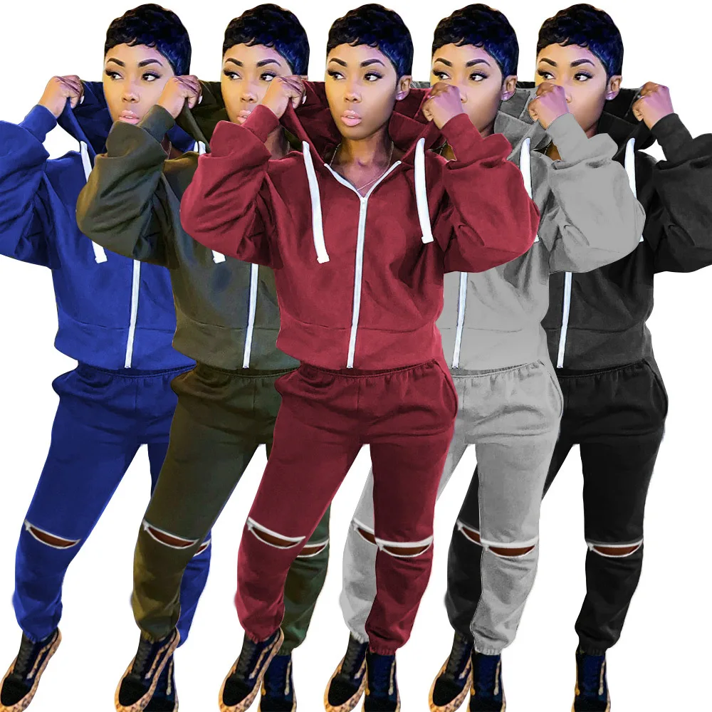 

EB-20121064 Women Two Piece Pant Trousers Set Clothes Solid Winter Hoodies Sweat Suit Sets Fleece Tracksuits Pant Sets Joggers