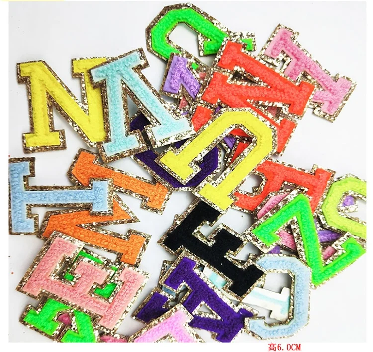 

Shenglan 2021 New Design chenille letter patches custom Fashion multi color A-Z Alphabet patches for clothing applique