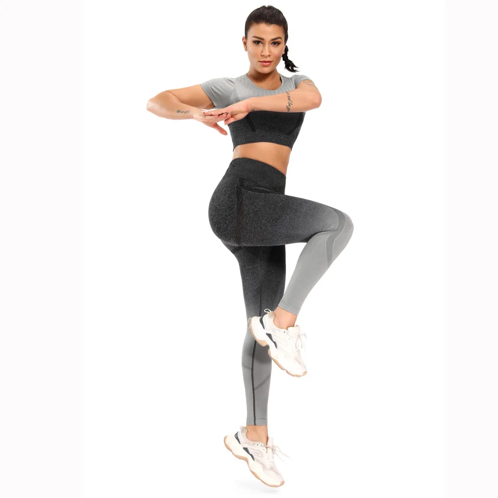 

Women Short Sleeve Crop Top Workout Fitness Yoga Pants Set Sexy Sport Suit, As show