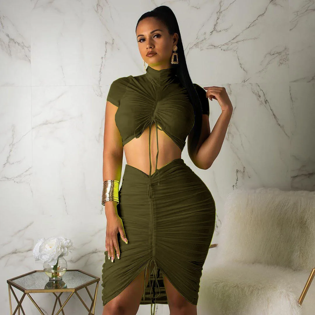 

Fashion casual sport stretch sexy nightclub drape pull rope half high in a two-piece dress, Color as picture
