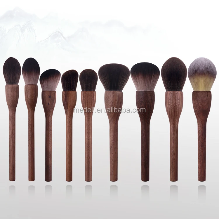 

walnut handle brush 9pcs cosmetic tools Goat Hair contour brush soft hair custom logo powder brush brochas de maquillaje