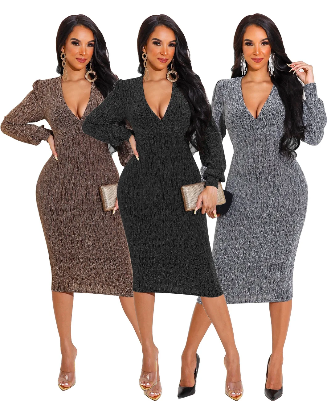 

Latest Design Casual Dresses Fashion V Collar Hollow Sexy Club Long Sleeve Dress