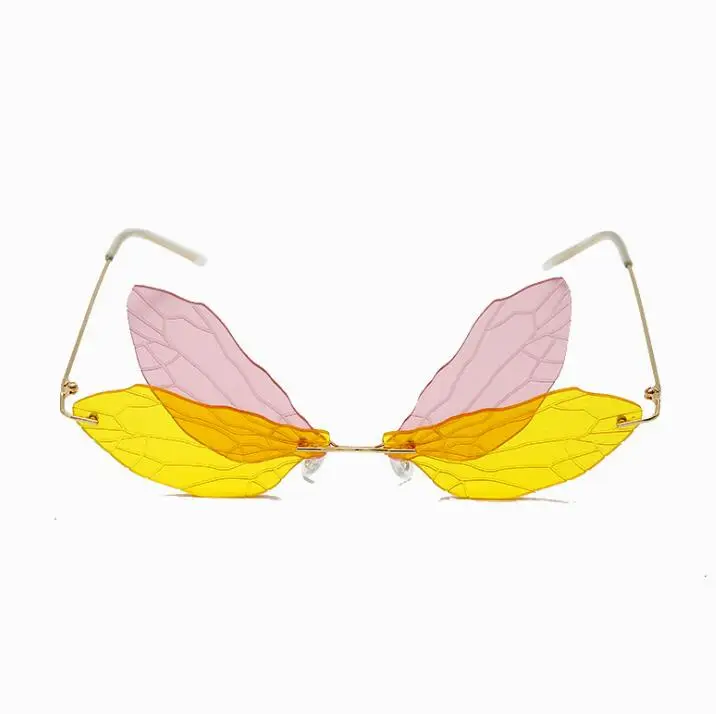 

Wiipu Fashion Rimless Dragonfly Wing Sunglasses Women Vintage Clear Ocean Lens Eyewear Men Pink Yellow Sun Glasses Shades UV400