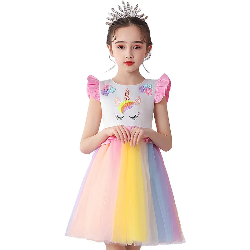 

New Colorful Summer Tutu Dresses For Girls Flare Sleeves Rainbow Unicorn Children Princess Dress Kids Mesh Party Gowns