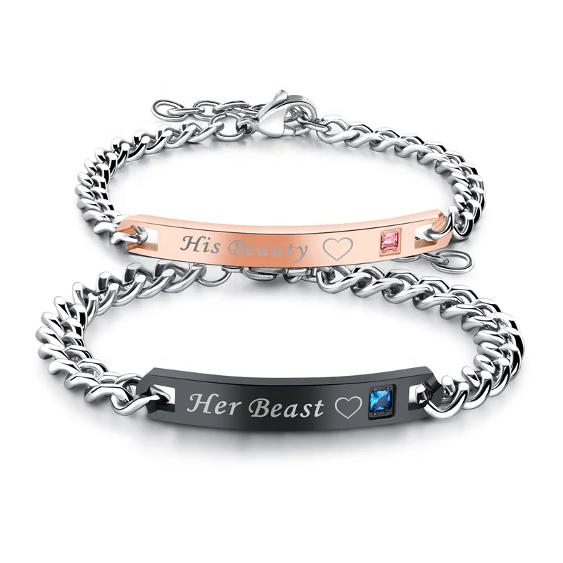 

his and hers beauty beast stainless steel adjustable with zircon couple bracelet for lovers, Black/rose gold