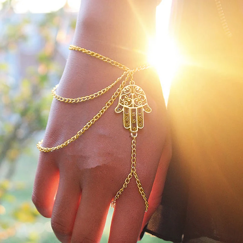 

Fashion Hamsa Hand Finger Ring Bracelet Vintage Gold Multilayer Chain Slave Bracelets For Women