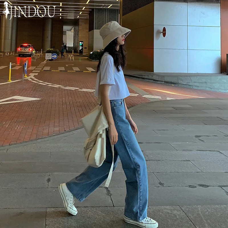 

new style loose and casual wide-leg trousers straight leg jeans for women, Blue