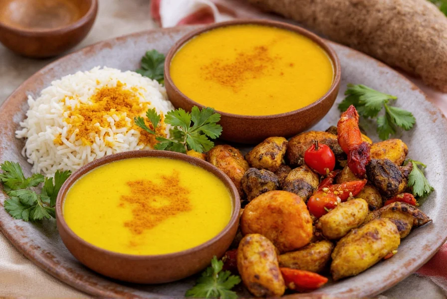 Colorful plate of turmeric-spiced foods including golden milk, curry, roasted vegetables, and rice showing practical dietary incorporation