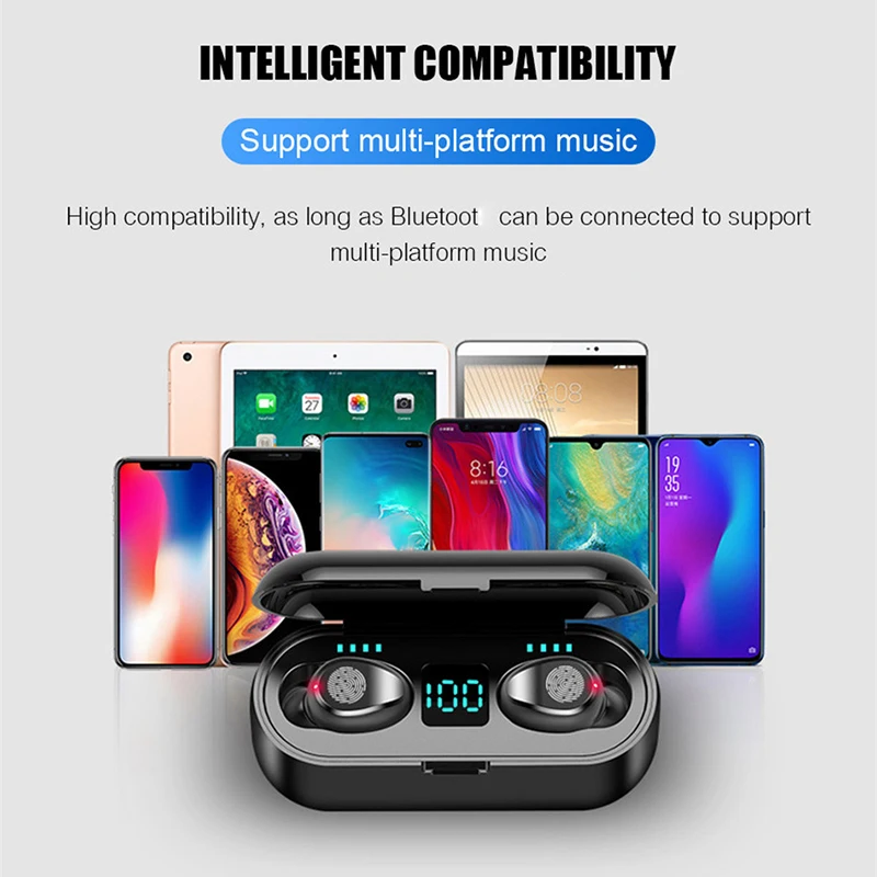 

New F9 Wireless Headphones 5.0 Earphone TWS HIFI Mini In-ear Sports Running F9 Headset Support iOS/Android Phones, Black/white