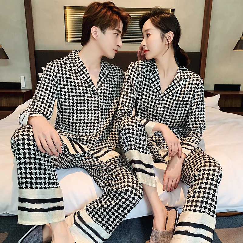 

Luxury Classic Men Women Black Grid Silk Thin Pajamas Track Suit Two Piece Set, Shown