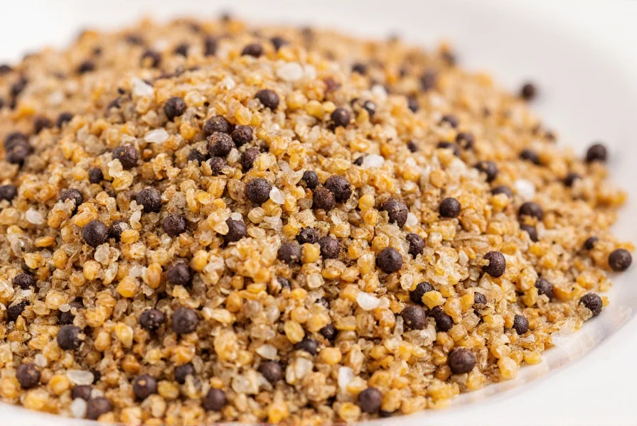 Close-up of salt pepper chicken seasoning mixture with black pepper grains and salt crystals