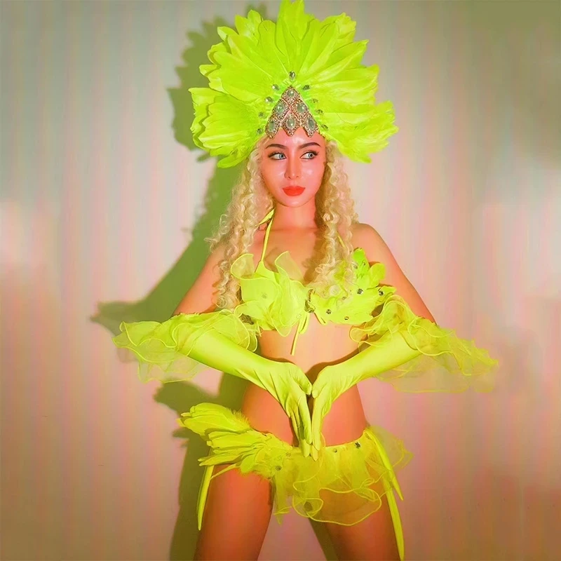 

Fluorescent Green Feather Headdress Bikini Nightclub Lead Show Stage Costumes Women Singer Dj Gogo Festival Clothing