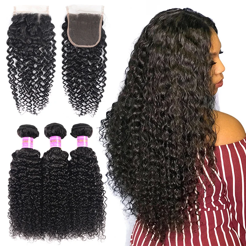 

8A Real Human Hair Bundles 4*4 Lace Brazilian Virgin Kinky Curly Machine Made Fiber