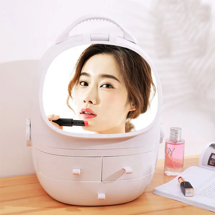 

2021 New LED Light Round Makeup Box Touched Screen Desk Cosmetic Storage Box with Mirror, Pink, white