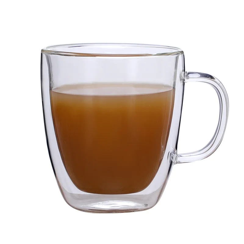 

Wholesale non slip customized insulated glass cup double wall clear borosilicate glass coffee mug with handle