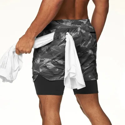 

Quick Dry Workout Men's Camo Polyester Sports Shorts With Liner Fitness Muscle Training Sportswear Exercise Gym Shorts, As picture show