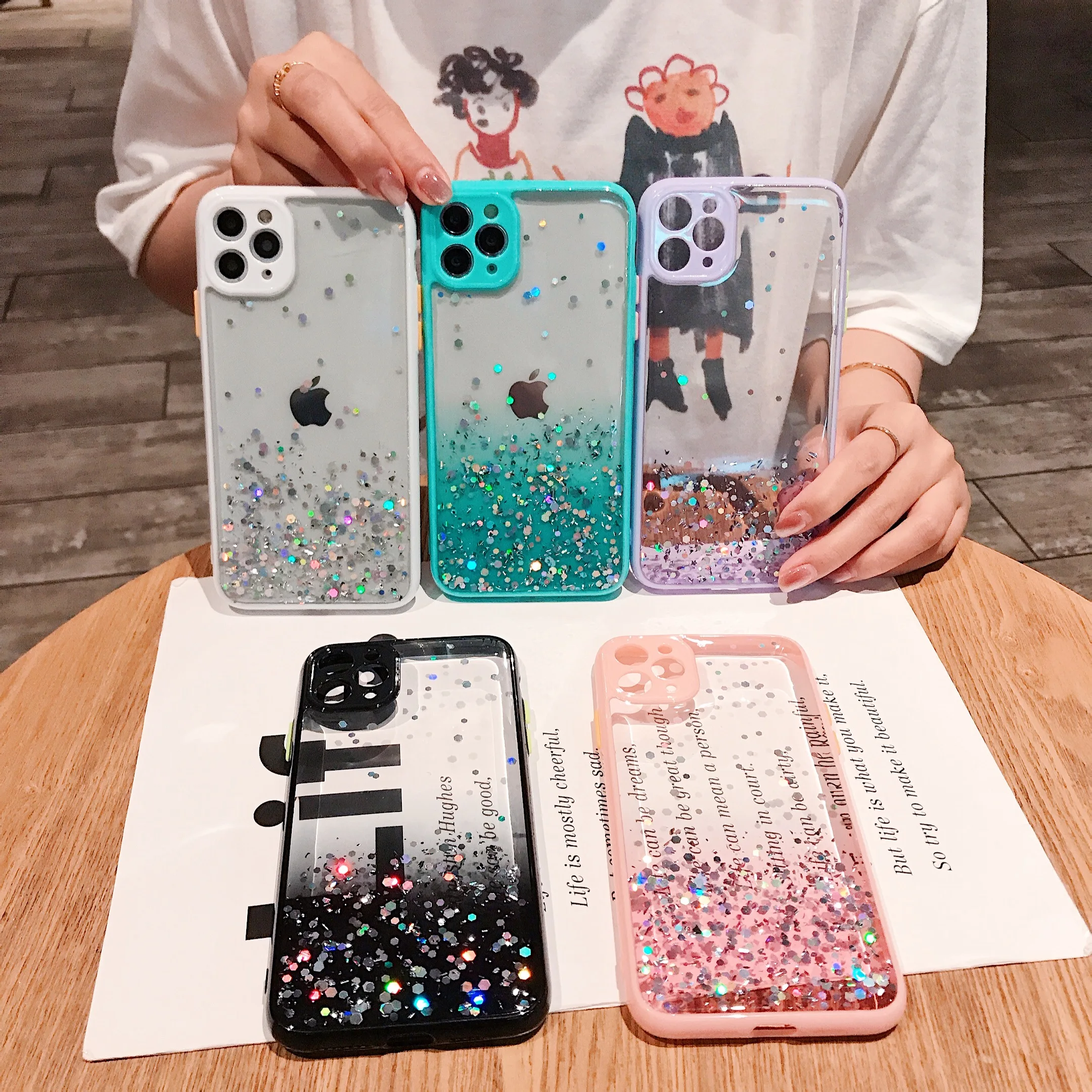 

Glitter Foil Powder Transparent Phone Case For iPhone 11 Pro XS Max XR X 8 7 Plus SE 2020 Bling Candy Color Soft Silicon Cover