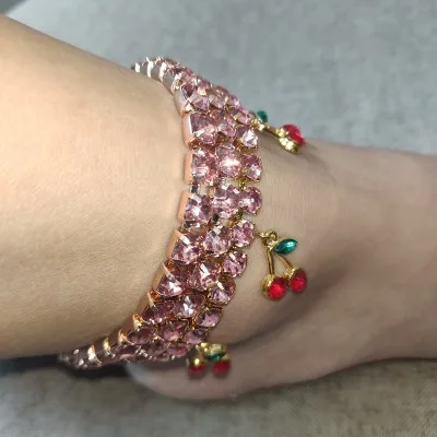 

New Arrival Boho Beach Footwear Shiny CZ Tennis Chain Cherry Foot Chain Adjustable Rhinestone Crystal Cherry Anklets