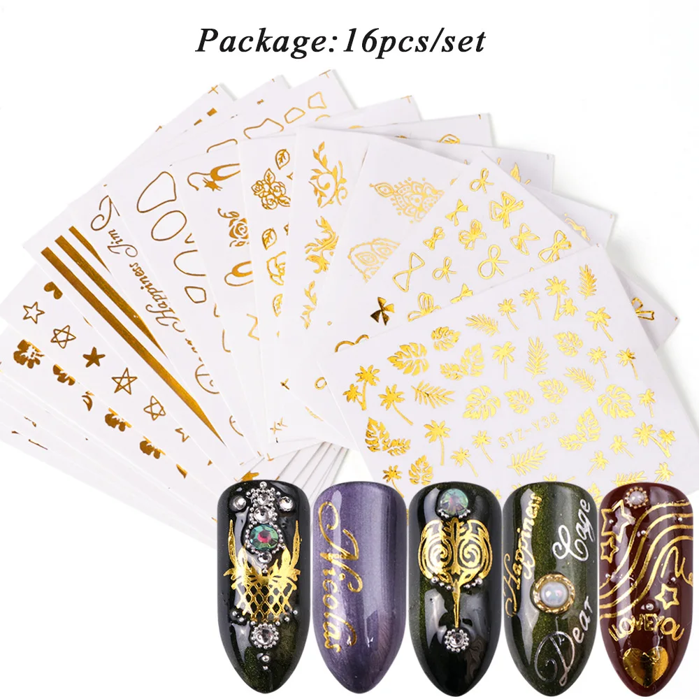 

HIgh Quality Gold Nail Sticker 16pcs Water Decals 3D Nail Sticker Packaging, Picture