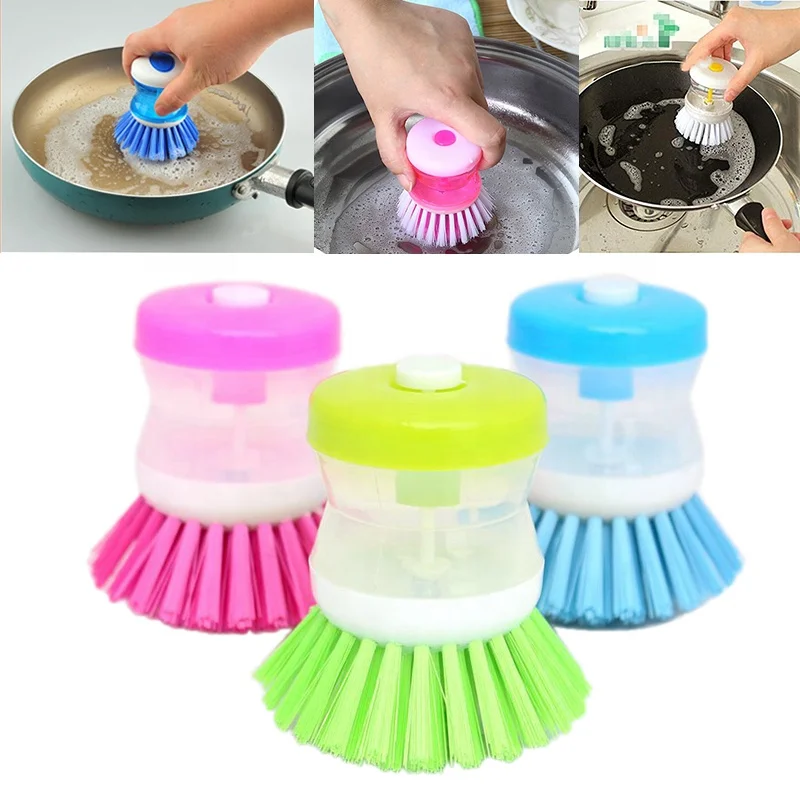 

Kitchen Gadgets Hydraulic Washing Brush Pot Pan Dish Bowl Cleaning Brushes With Washing Up Liquid Soap Dispenser