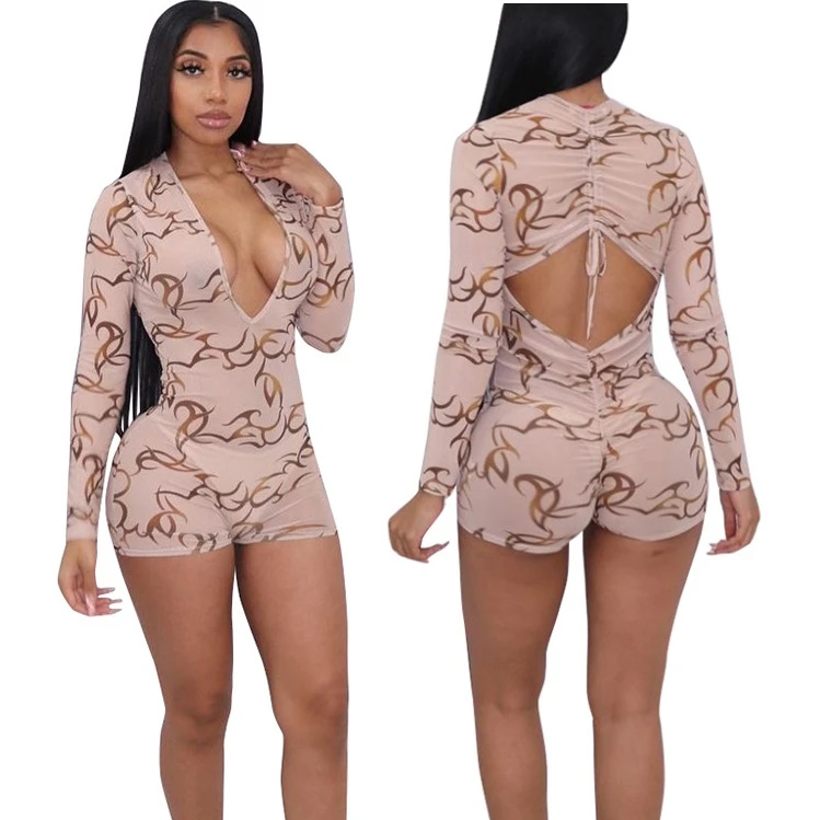 

Summer 2021 Romper Playsuit Fashion Womens Sexy Mesh Long Sleeve Short Pants Bodysuit Jumpsuit, Picture color